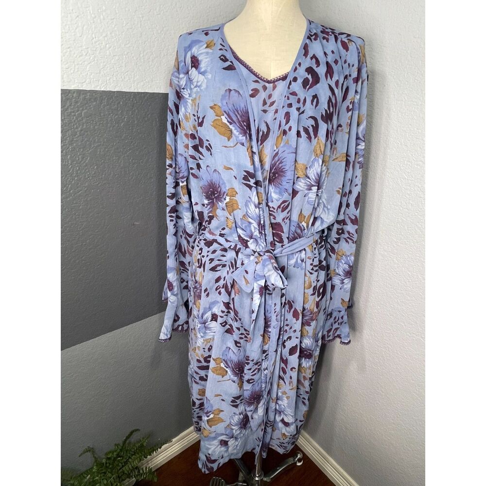 Sensara 1X Blue Purple Floral Leopard Nightgown & Robe Set 2 PC Sleepwear Lounge - Picture 2 of 13